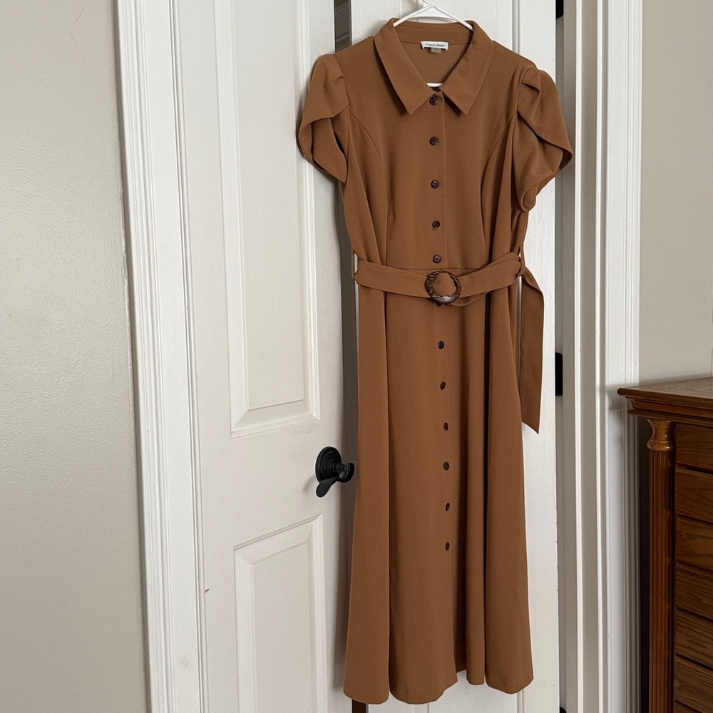 Calvin Klein Camel Midi Dress with Tortoise Ring Belt